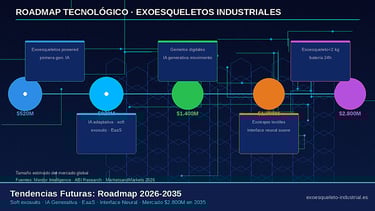Roadmap tecnológico de exoesqueletos industriales 2026 a 2035 soft exosuits, IA generativa, interface neural, mercado 2800 