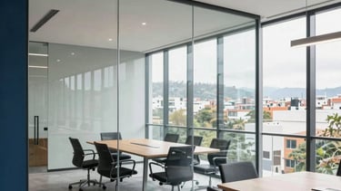 A bright, modern architectural office interior in Bogota, Colombia. Soft daylight illuminating a clean, professional meeting space with glass walls and minimalist furniture. Professional atmosphere. Palette includes steel blue and light grey accents.