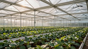 Wide environmental shot of an organized, modern commercial greenhouse with automated irrigation lines, early morning light filtering through.