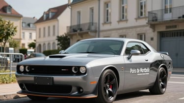 A professional photography shot of a sleek Dodge Challenger RT V8 5.7 with custom advertising decals, parked on a clean street in the Pays de Montbéliard, France. The architecture of the region is visible in the background under bright, modern daylight. Composition is focused on the front three-quarters of the vehicle, emphasizing its powerful stance and premium marketing potential.