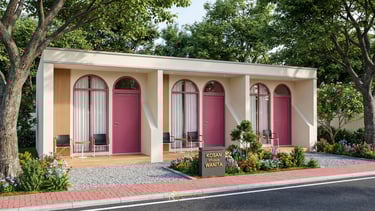 Fasad desain kosan minimalis modern khusus wanita warna pink pastel dengan teras kayu dan jendela le