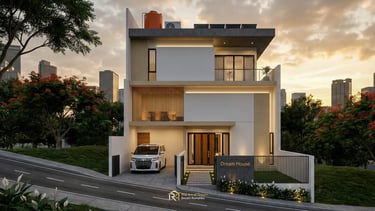 Eksterior modern desain rumah 3 lantai di lahan 60 meter dengan rooftop dan carport.