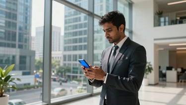 A high-end, contemporary corporate lobby in a major South Asian business district. A professional individual is standing near a large glass window, interacting with a smartphone that shows a vibrant blue interface. The space is filled with bright, natural light, reflecting a modern and innovative fintech atmosphere with white and blue interior design elements.