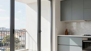 Professional architectural photography of a bright, newly renovated modern apartment in Spain. The scene features high-quality steel-framed window installations and a clean kitchen layout with sage gray and steel blue accents. Natural sunlight fills the room, highlighting the clean lines and expert craftsmanship of the renovation.