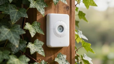 Sleek smart irrigation controller mounted on a wooden wall, surrounded by lush green ivy leaves, soft morning daylight, 35mm