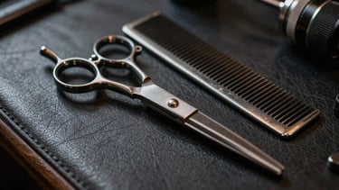 Premium close-up photography of vintage barber shears and a metallic comb resting on a dark leather surface. Moody atmosphere with soft directional lighting. European / Romanian barber shop setting. Colors include charcoal black and silver grey accents.