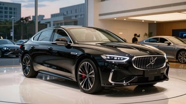 A high-end, modern car dealership showroom in a North American city at dusk. A polished black luxury sedan is centered, reflected on a pristine white floor. Soft gold ambient lighting highlights the sharp aerodynamic lines of the vehicle. Direct, professional photography, wide-angle shot.
