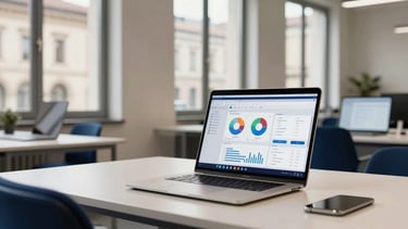 A high-end professional digital agency workspace in Milan, featuring a sleek desk with a modern laptop showing analytics, set against a backdrop of European architectural windows. The atmosphere is clean, authoritative, and sophisticated, reflecting European / Italian Chinese business excellence. Lighting is bright and natural with cream and deep blue color tones.