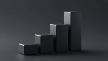 Sleek dark-mode 3d render of corporate stock performance bars, clean geometric shapes, high-contrast tech aesthetic