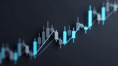 Abstract 3D geometric render of financial candles and trend lines, dark neon theme, octane render, 8k