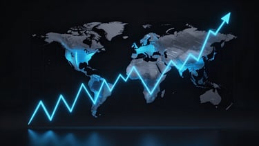 Sleek dark-mode 3d render of a global currency exchange chart with abstract glowing lines, electric blue accents, high-contrast tech aesthetic