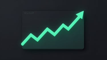 Minimalist vector diagram of price action and Wyckoff accumulation schematic, dark theme, neon mint green accents