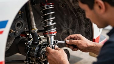 Close-up of a mechanic's hands adjusting a rally car suspension, metallic tools, intense focused lighting, dramatic grit, 35mm lens