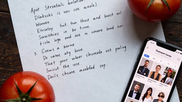 A flat lay photography shot of a strategy planning session: a crisp parchment paper with handwritten notes, a deep ripe crimson tomato, and a modern smartphone showing a social media feed.