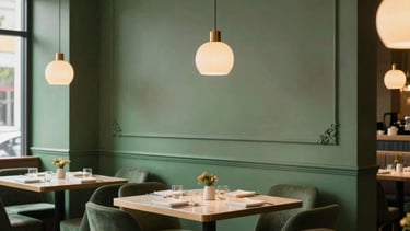 An elegant restaurant interior in North America, showing a clean design with matte forest green accents and warm lighting, captured during a professional photo shoot.