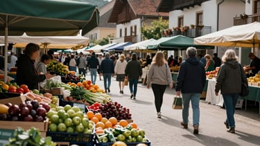 A wide shot of a bustling local farmers market in a European village square, captured with high-contrast, professional photography to highlight the vibrant colors of fresh produce.