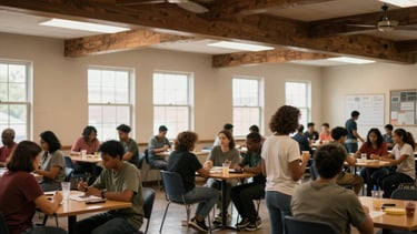Wide shot of a vibrant community center interior with diverse people interacting, soft window light, authentic documentary style, rich organic tones, 35mm lens
