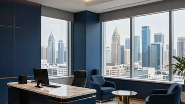 A high-end real estate office interior in the Middle Eastern / Gulf region, featuring sophisticated dark blue and mist blue accents. The setting includes large windows looking out over a modern city skyline, polished marble surfaces, and warm, professional ambient lighting that conveys trustworthiness and luxury.