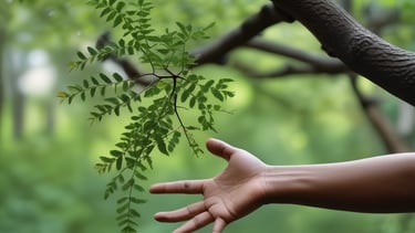 Graphic showing a path leading upward surrounded by leaves and natural elements