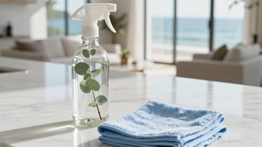 A premium residential cleaning setup in a high-end North American home. Close-up shot of a pristine, sparkling white marble kitchen countertop reflecting natural light. On the counter, a luxury glass spray bottle with fresh eucalyptus and a neatly folded soft microfiber cloth in light coastal blue. In the soft-focus background, a bright and airy living space with tall windows letting in a coastal breeze. Professional, clean, and reliable atmosphere, beautiful sunlight.