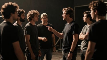 Behind-the-scenes shot of a film director giving instructions to crew members on a set, cinematic film photography, dramatic high-contrast lighting, deep shadows, warm moody tones, anamorphic lens, 35mm grain.