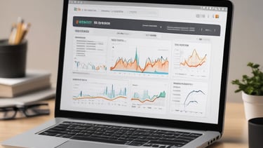 A laptop screen showing SEO analytics and keyword research charts