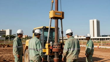A professional wide-angle photograph of a soil drilling rig operating on a construction site in Brasilia. South American / Brazilian workers in sage green safety uniforms and white hard hats are supervising the drilling process. The background shows the clear blue sky and modern architecture of the Distrito Federal. The lighting is bright and clear, emphasizing professionalism and precision.