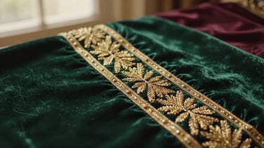 Warm editorial fashion photography, close-up on the detailed texture of gold embroidery (Medjoud) on rich emerald velvet, shallow depth of field, 35mm.