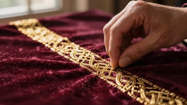 An artisan's hand precisely embroidering gold patterns on deep burgundy velvet, close-up macro photography, dust motes in golden sunbeams, rich texture