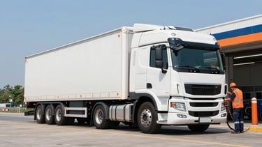 Wide-angle shot of a modern, clean semi-truck tractor unit parked at a service bay, mechanic performing maintenance, bright daylight, safety orange accents visible.