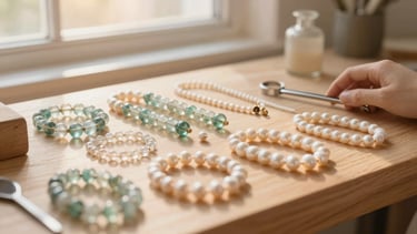 Warm editorial photography of a wooden jeweler's bench covered in glass beads, natural pearls, and delicate tools under soft golden-hour window light