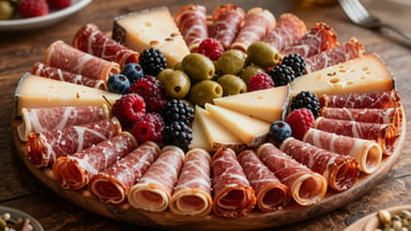 A large, abundant catering platter filled with rolled deli meats, assorted cheeses, olives, and fresh berries on a rustic table, warm lighting.