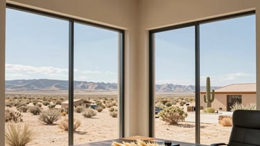 A high-end architectural photograph of a modern rustic office interior in the North American Southwestern US. Large windows look out onto a sun-drenched desert landscape. The room is decorated with minimalist tan and cream textures, and a dark brown wooden desk holds samples of golden Rhodes grass.