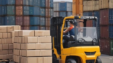 Warehouse with organized pallets and forklifts in motion