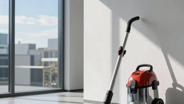 Clean, modern office lobby in Berlin, Mitteleuropäisch, with sunlight hitting a polished floor. Professional cleaning equipment like a high-end vacuum cleaner stands neatly in the corner. Minimalist aesthetic, bright sky blue and soft gray tones.