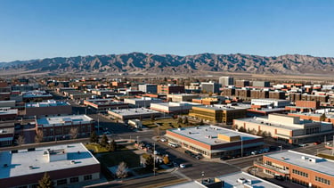 Wide panoramic aerial view of Layton, Utah, showing commercial districts and surrounding mountains under clear skies. Crisp commercial photography, sharp directional work light, deep blue and brass tones, 35mm.