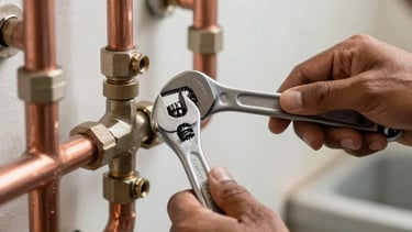 Close up shot of a professional technician's hands in a South American / Brazilian residential setting, using a specialized wrench on a modern copper gas pipe system. The lighting is clean and bright, showing high-quality metal fittings and a tidy workplace, reflecting a professional and trustworthy service.