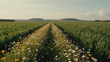 Wide panoramic shot of a vibrant wildflower corridor bordering a lush green crop field, soft overcast daylight, distant Canadian foothills, cinematic 35mm lens