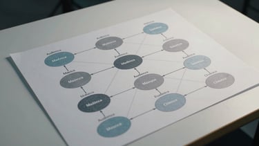 Close overhead view of a large-format strategy diagram laid flat on a matte white desk — a communication architecture schema with labeled nodes for audience segments, message layers, and channel outputs connected by clean directional lines, annotated in pencil at key junctions. Cool studio light from above casts subtle shadows on the paper edges. No people, no screens, no decorative objects.