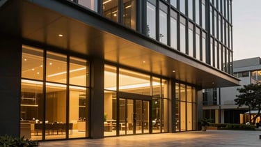 A professional wide-angle photography of a luxury modern architectural office exterior in Sandton, Johannesburg. The building features glass and steel with warm gold interior lighting reflecting onto the pavement. The mood is minimalist and sophisticated, capturing the strategic growth of a South African business.
