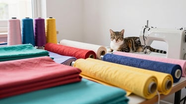 Wide shot of a bright, sunlit sewing workshop in Mexico, rolls of vibrant colored fabrics, a cat resting comfortably near a sewing machine