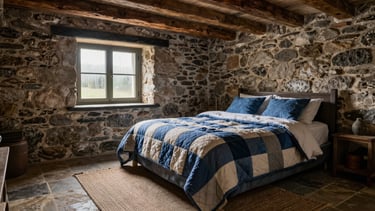 Environmental wide shot of a low-ceilinged cottage bedroom with exposed stone wall, a timber beam above the bed, hand-stitched quilt in faded indigo and cream, small deep-set window with condensation, overcast morning light, worn flagstone floor partially covered by a braided rug