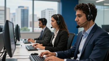 Photography of a modern, high-tech tele-service corporate office in São Paulo, Brazil. Professional South American staff wearing sleek headsets work at organized white desks. Soft blue and dark navy interior accents, large windows overlooking a city skyline. Professional lighting, cinematic depth of field.
