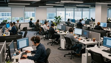 Wide panoramic view of a busy open-plan office floor, multiple desks with monitors and headsets in active use, even cool north-facing daylight flooding the workspace, workers visible mid-task, cables neatly routed under desks, operational depth visible across the full frame