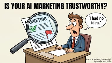 A surprised businessman audits AI marketing content with a magnifying glass for trustworthiness.