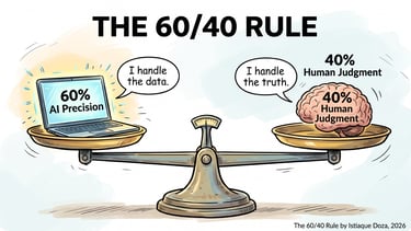 Illustration of the 60/40 rule balancing 60 percent AI precision and 40 percent human judgment on a scale.
