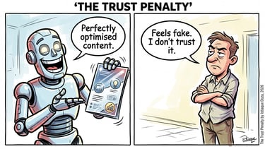 A comic strip titled The Trust Penalty shows an AI robot presenting perfectly optimized content to a skeptical man.