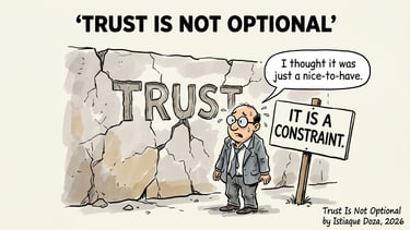 Business cartoon about trust being a constraint not an option, featuring a man by a cracked stone wall.