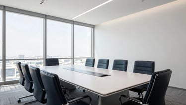 Wide panoramic shot of a sleek, modern corporate boardroom in Dubai, daylight streaming through floor-to-ceiling windows, minimalist design, 35mm