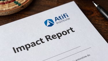A close-up of a high-quality Impact Report document with the Atifi Institute logo, placed on a dark wood desk with a West African woven coaster and a pen. Soft side lighting.